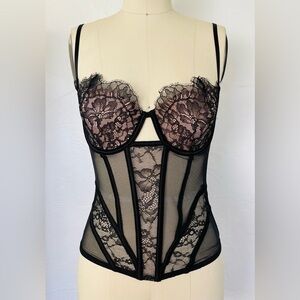 VICTORIA'S SECRET 32D Black Mesh & Lace Boned Corset Bustier Top